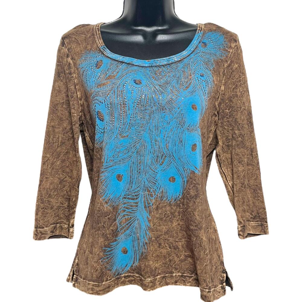 Vtg 90s Westbound Peacock Rhinestone Knit Top Sz P S Cotton Y2K Boho Cottagecore